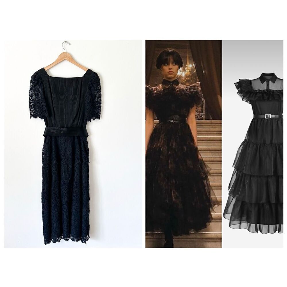 NUIT Vintage Women’s Black Modest Maxi Dress Intricate Tiered Lace Skirt Sleeves